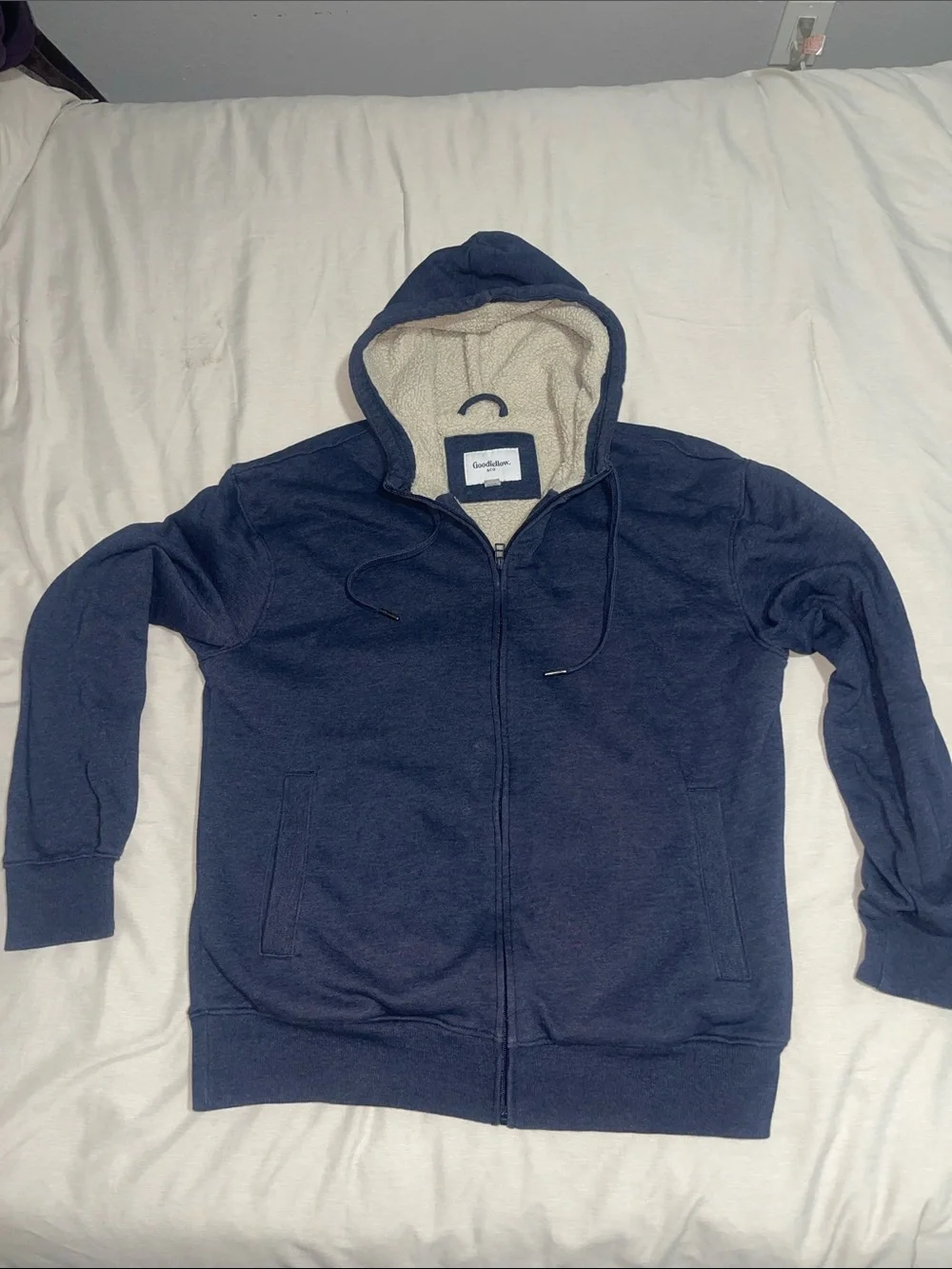 Goodfellow & Co Navy Zip-Up Hoodie with Cream Sherpa Lining